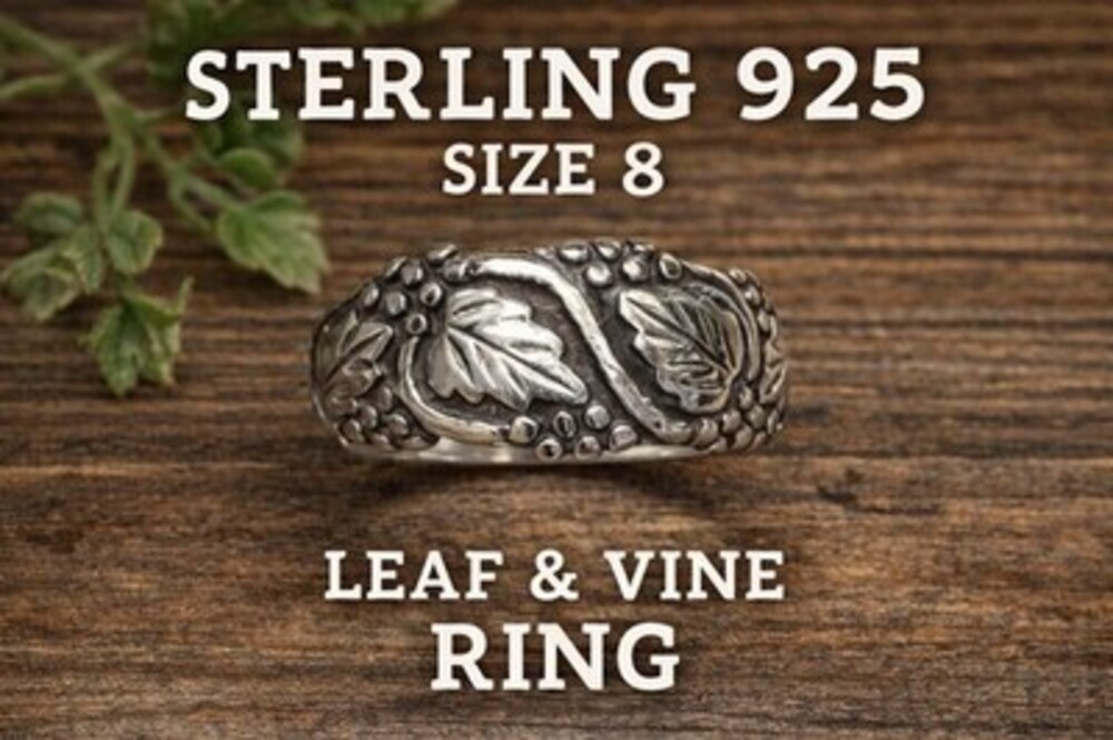 Sterling Silver 925 Leaf Vine Ring Size 8 Grapes Nature Band Boho